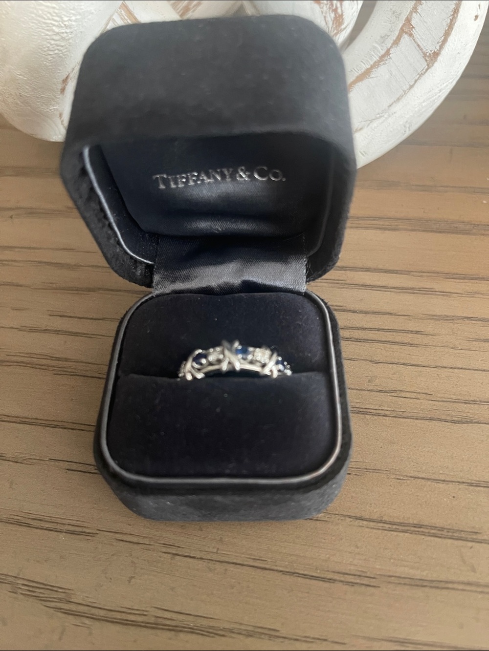 Tiffany & Co. Jean Schlumberger Diamond Blue Sapphire Ring Size 7